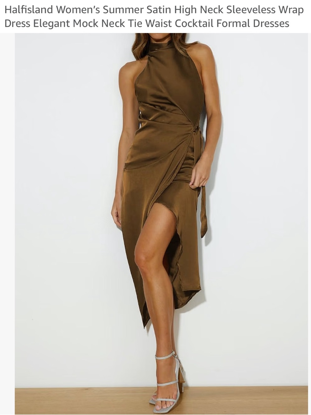 High Neck Sleeveless Wrap Midi Dress in Brown Satin Large NWT